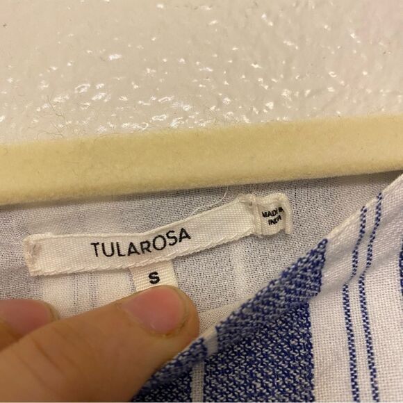 Tularose Revolve blue stripe frayed shirt blouse short sleeve crop coastal top S - Picture 8 of 8